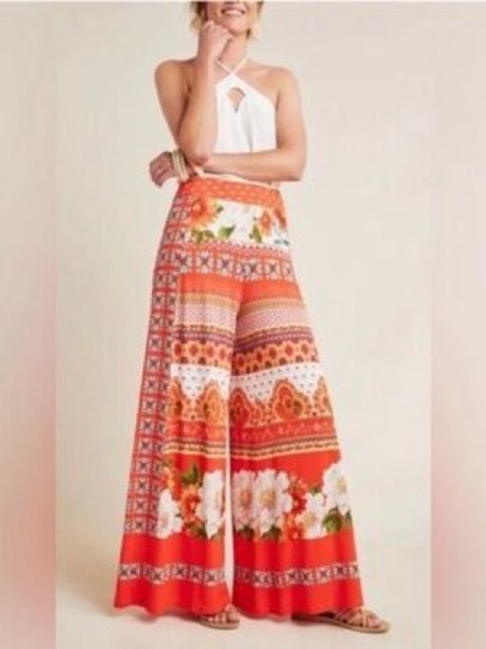 FARM Rio Pants - Farm Rio for Anthropologie Orange Floral Wide Leg Knit Pants Size XL